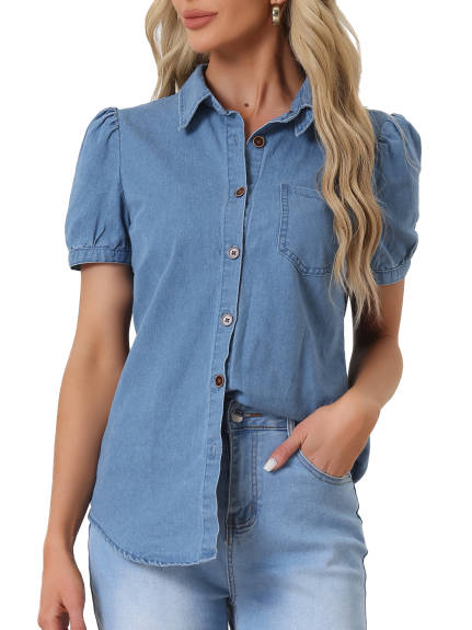 Allegra K- Denim Collared Puff Sleeve Shirt