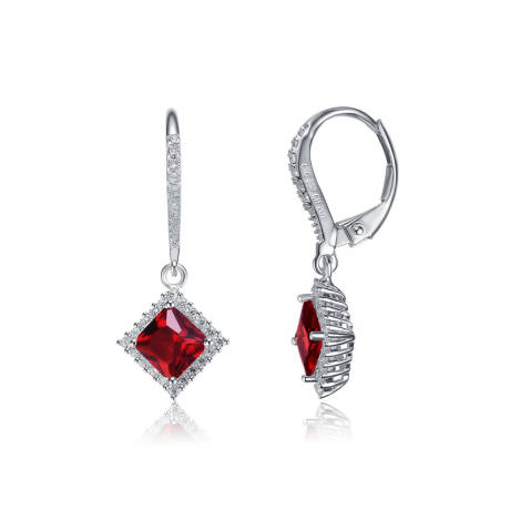 Genevive Sterling Silver White Gold Plated with Ruby Red Cubic Zirconia Dangle Earrings