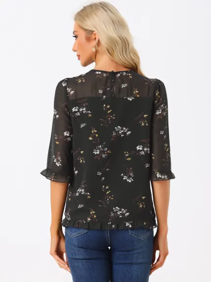 Allegra K- Floral Ruffled 3/4 Sleeve Chiffon Blouse