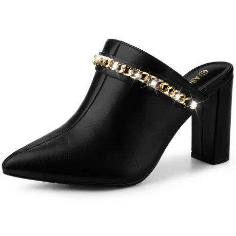 Allegra K - Pointed Toe Chain Decor Mule Heeled Slides