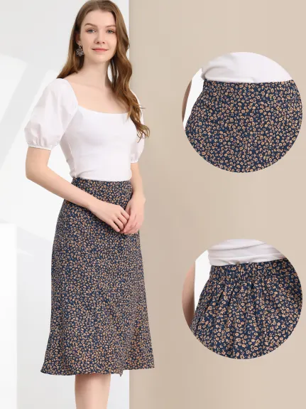 Allegra K- Elastic Waist A-Line Midi Leave Print Skirt