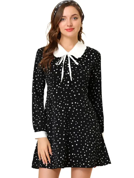 Allegra K- Polka Dots Peter Pan Collar Contrast Sleeve Shirt Dress