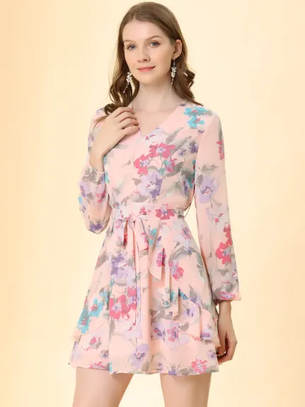 Allegra K- Floral V-Neck Belted Flowy Ruffle A-line Dress