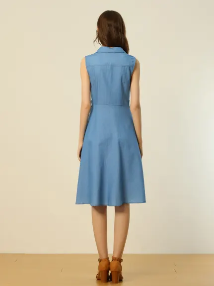 Allegra K- Belt Button Down A-Line Chambray Dress