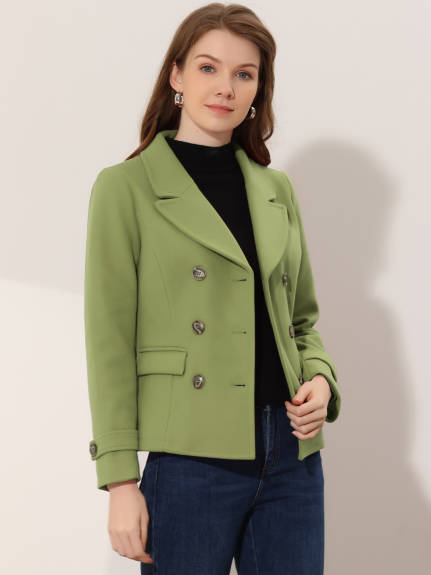 Allegra K- Worsted Notched Lapel Double Breasted Overcoat