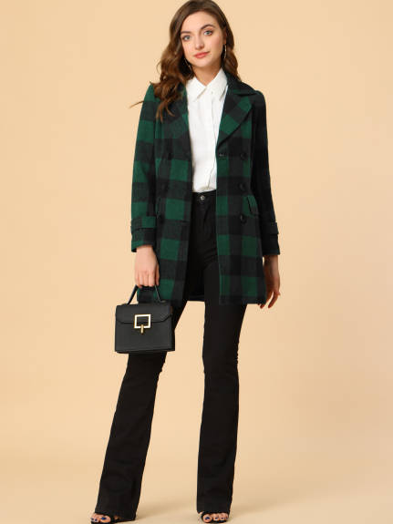 Allegra K- Notched Lapel Double Breasted Plaid Overcoat