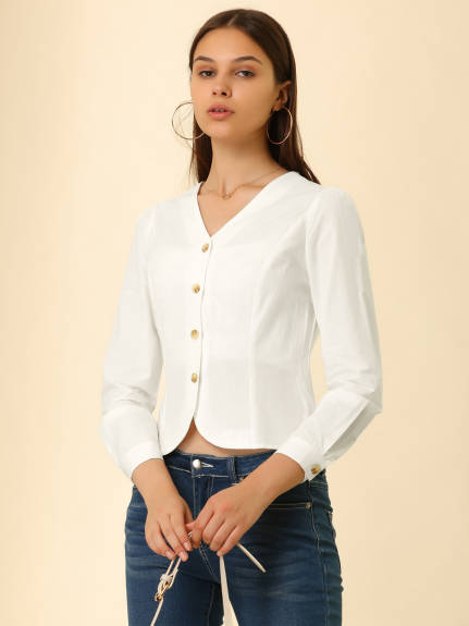 Allegra K - Casual V Neck Full Placket Long Sleeve Shirt