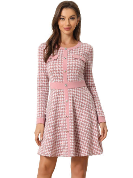 Allegra K- Houndstooth Plaid Contrast Color Crew Neck Button Front Dress