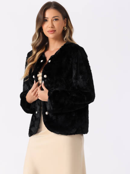 INSPIRE CHIC - Pearl Button Faux Fur Coat Jacket