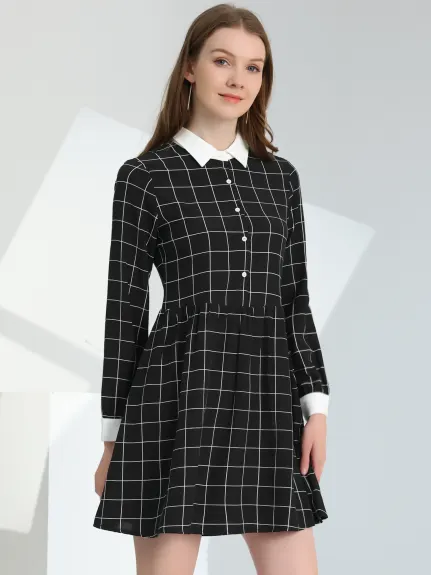 Allegra K- Plaid Button Up Shift Shirt Dress