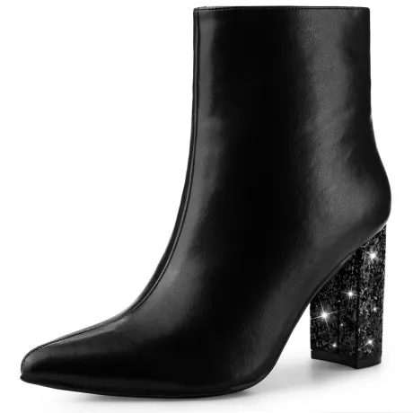 Allegra K - Glitter Block Heels Zipper Ankle Boots