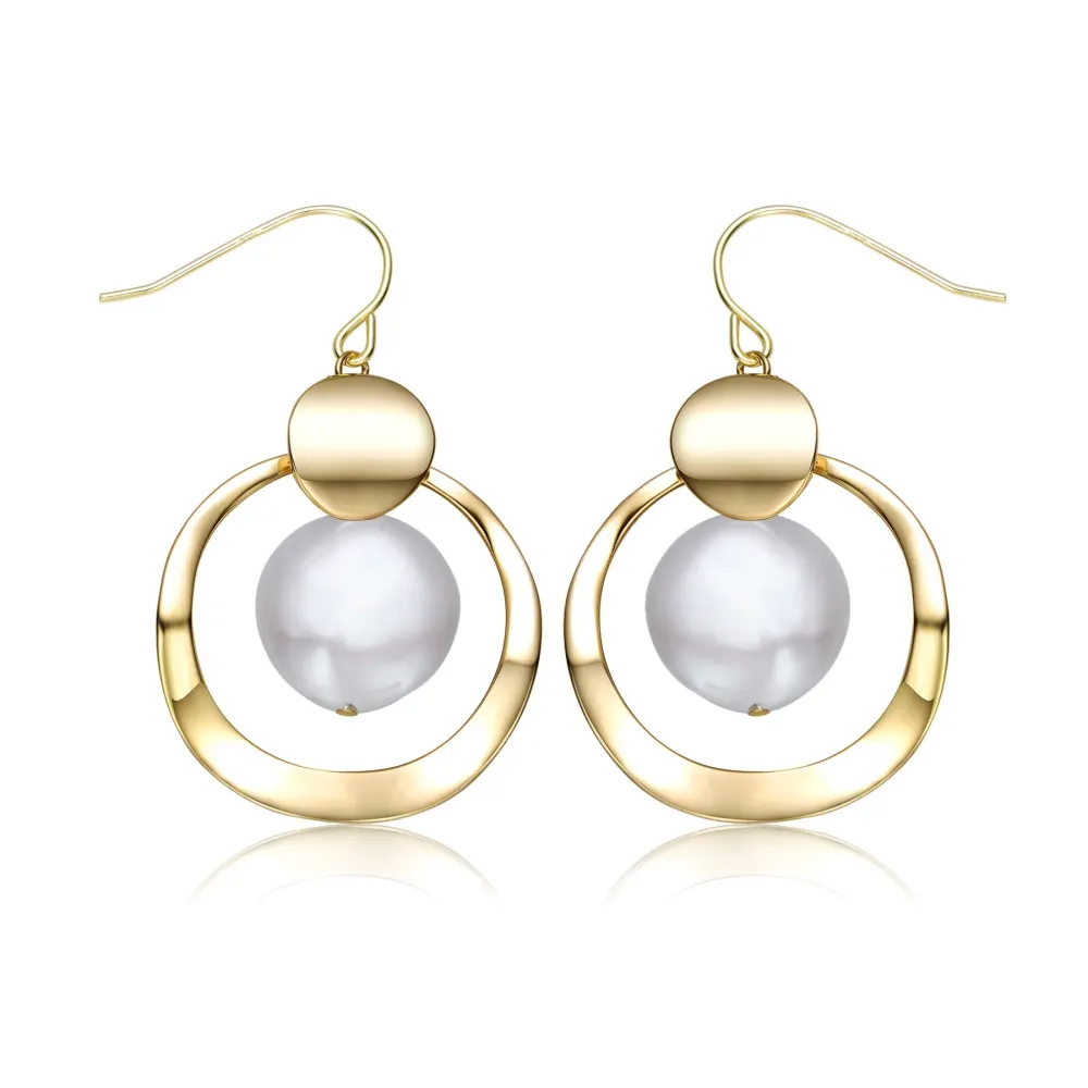 Genevive Sterling Silver 14k Yellow Gold Plated with White Pearl Concentric Halo Dangle Drop Earrings