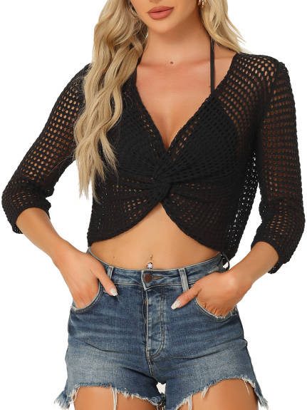 Allegra K - Summer Crop Hollow Out Crochet Top