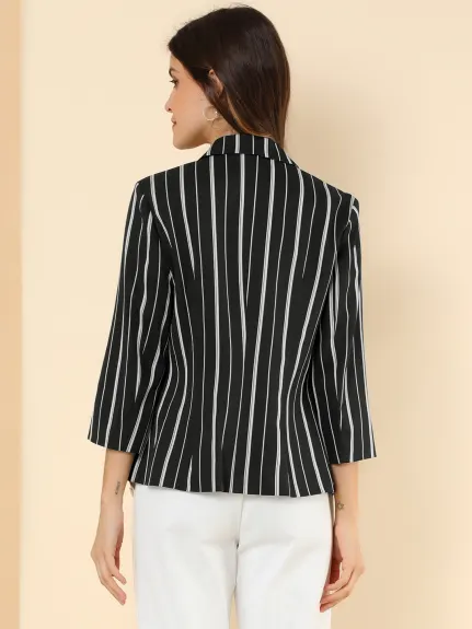 Allegra K- Striped 3/4 Sleeves Open Front Notched Lapel Blazer