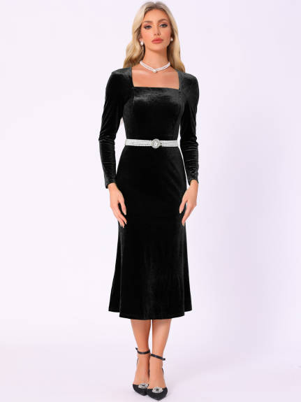 Allegra K - Square Neck Bodycon Elegant Velvet Dress