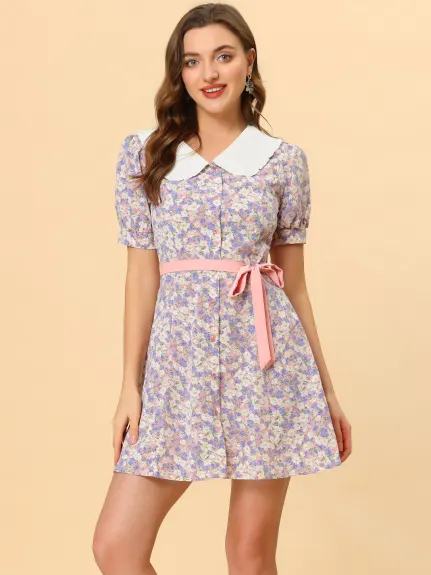 Allegra K- Floral Bow Tie Short Sleeve Shirt Dress