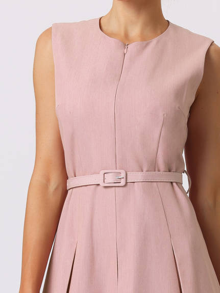 Hobemty- Sleeveless Zip Up Belted Fit and Flare Dress