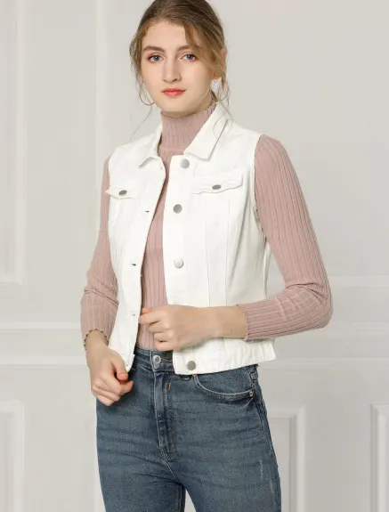 Allegra K- Gilet boutonné en denim délavé avec poches à rabat