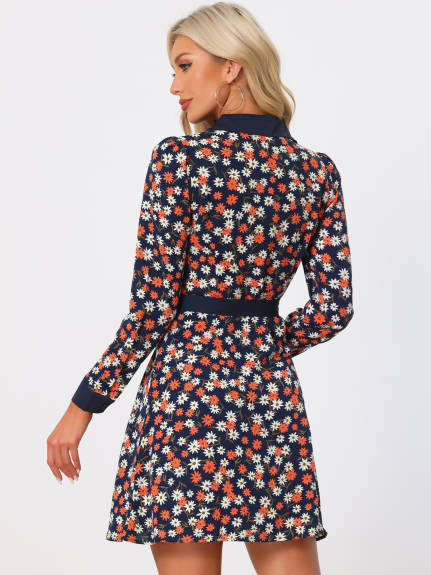 Allegra K- Contrast Collar Floral Shirt Dress