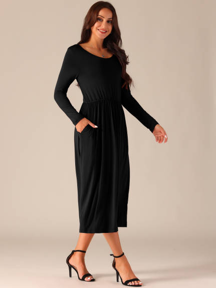 Allegra K - Crewneck Long Sleeve Midi Swing Dress