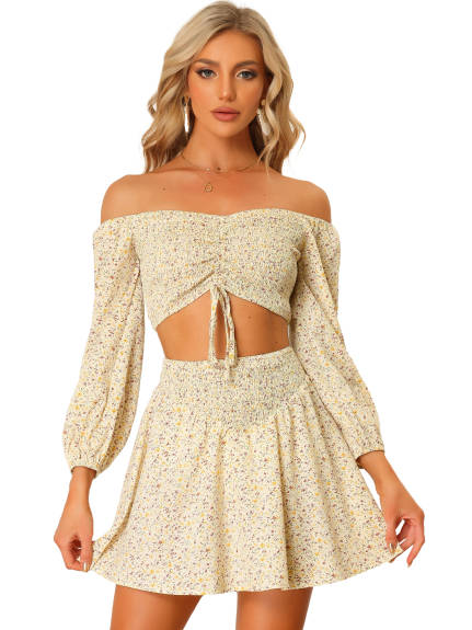 Allegra K- 2 Piece Outfit Floral Off Shoulder Smock Top and Mini Skirt