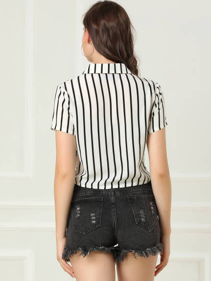 Allegra K- Striped Short Sleeve Tie Front Crop Shirt