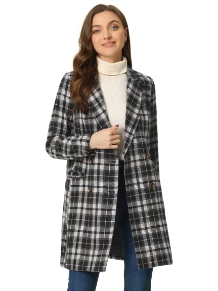 Allegra K- Notched Lapel Double Breasted Plaid Blazer