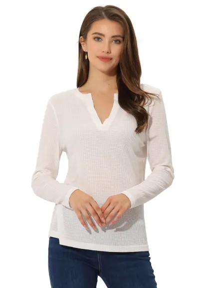 Allegra K - Waffle V Neck Long Sleeve Top