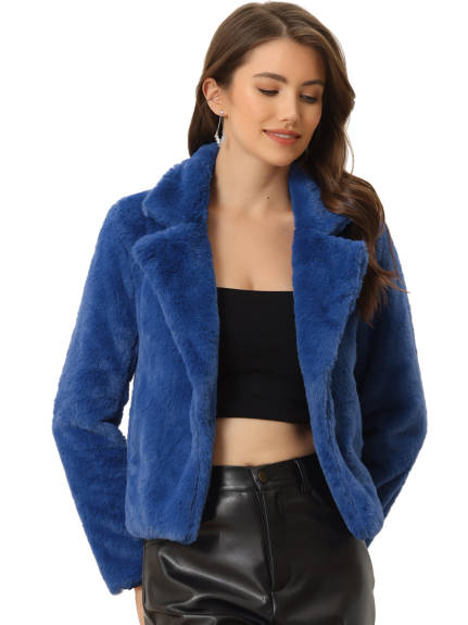 Allegra K- Notch Lapel Faux Fur Fluffy Cropped Coat