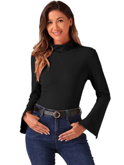 Allegra K - Turtleneck Split Long Sleeves Knit Top