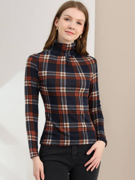 Allegra K- Turtleneck Long Sleeve Slim Plaid Shirt Blouse