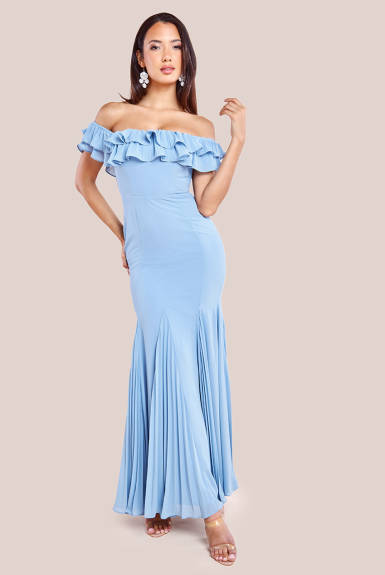 Goddiva - Frilled Off The Shoulder Pleated Chiffon Maxi Dress