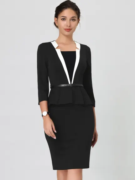 Hobemty- Notch Collar Peplum Pencil Dress