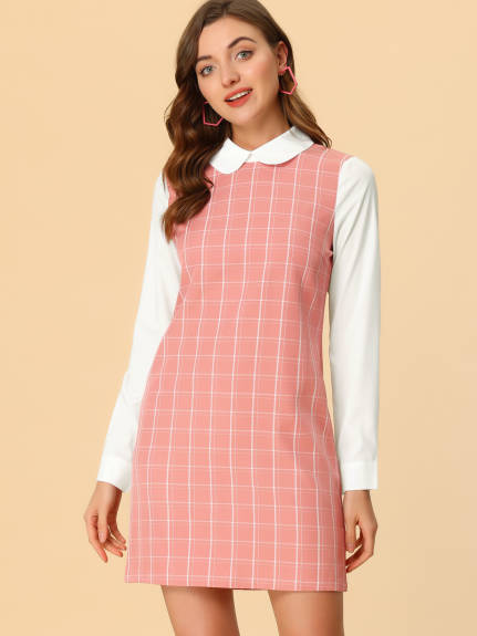 Allegra K- Peter Pan Collar Long Sleeve Check Shift Dress