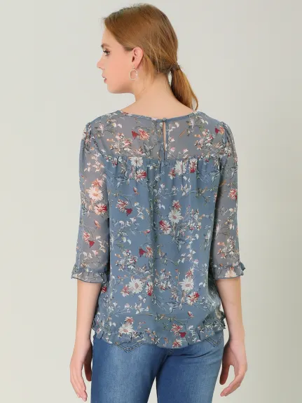 Allegra K- Floral Ruffled 3/4 Sleeve Chiffon Blouse