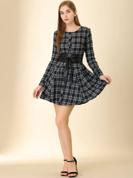 Allegra K- Plaid Long Sleeve Belted A-Line Shirt Dress