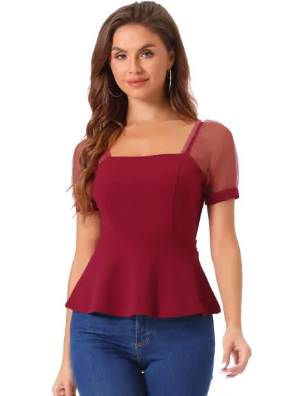 Allegra K - Square Neck Mesh Sheer Sleeve Peplum Top