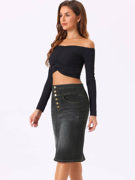 Allegra K - Split High Waist Denim Pencil Skirt