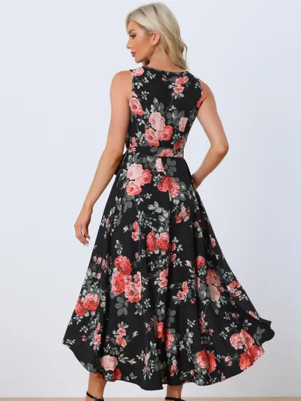 Allegra K - V Neck Floral High Low Maxi Dress