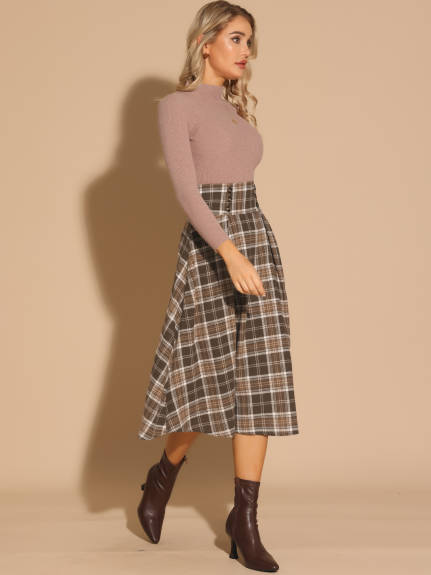 Allegra K - High Elastic Waist Fall Tartan Midi Skirt