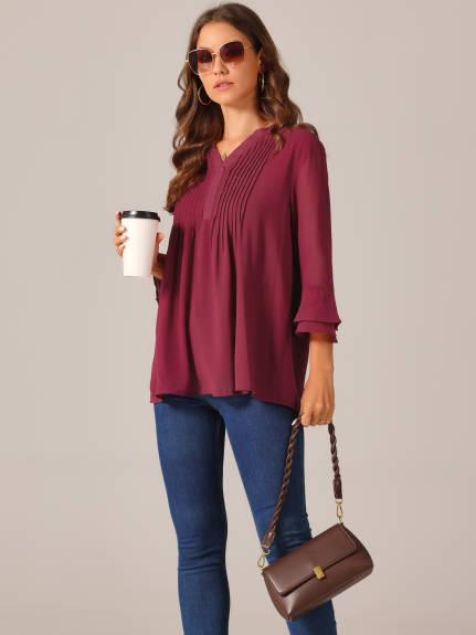 Allegra K - V Neck 3/4 Sleeve Lightweight Pintuck Top