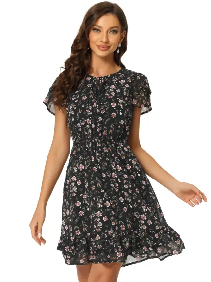 Allegra K- Ruffle Sleeve Self-Tie V Neck A-Line Floral Chiffon Dress