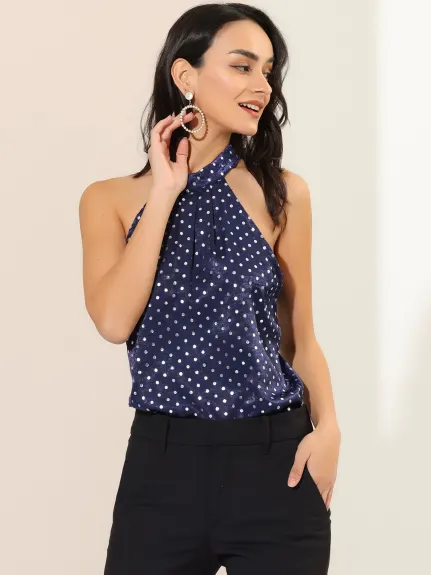 Allegra K - Satin Polka Dots Halter Neck Elegant Top