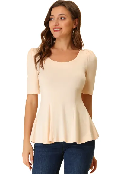 Allegra K- Stretchy Pad Shoulder Scoop Neck Flare Peplum Blouse