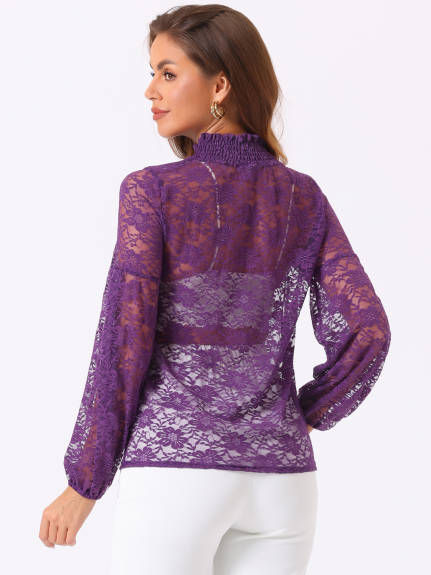 Allegra K- Ruffle Mock Neck Floral Lace Sheer Blouse