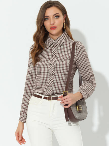 Allegra K- Plaid Point Collar Long Sleeve Double Breasted Shirt