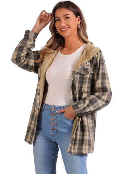 Allegra K - Plaid Fleece Hooded Shacket Jacket