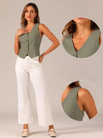 Allegra K- Button Down V Neck Crop Summer Vest