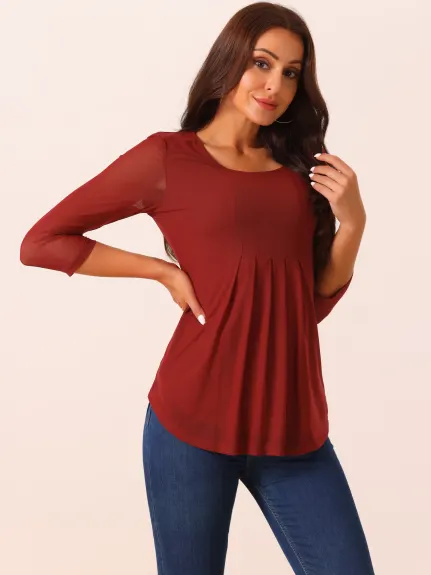 Allegra K - Crewneck 3/4 Sleeve Pleated Tunic Tops