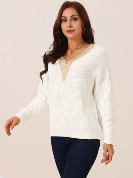 Allegra K - Lace V Neck Drop Shoulder Sweater